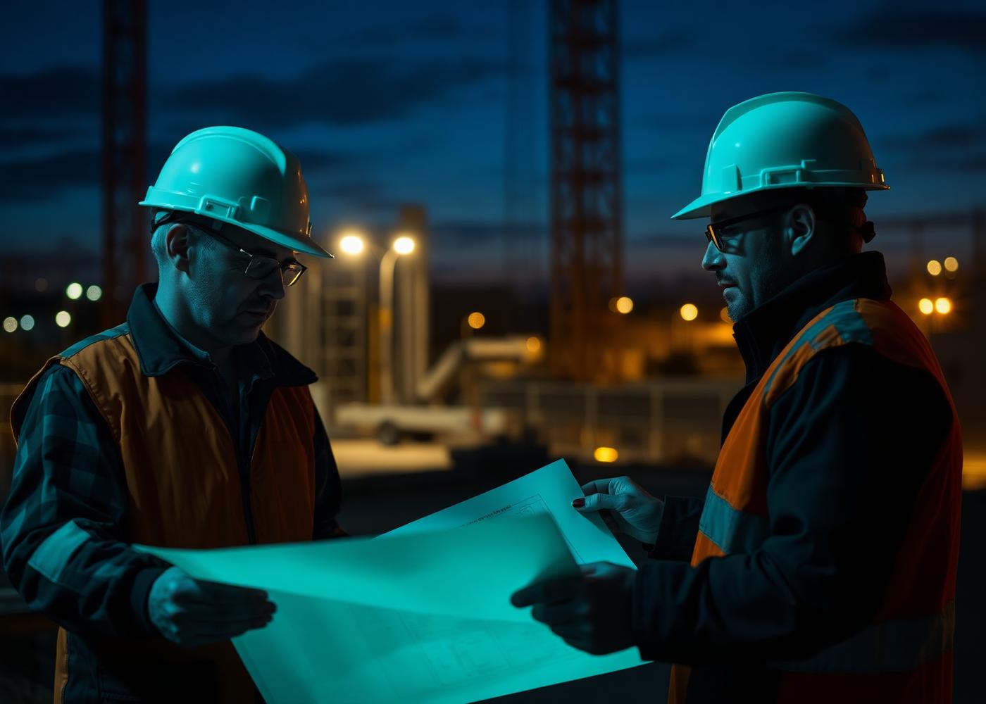 Engineering team reviewing drawings on site