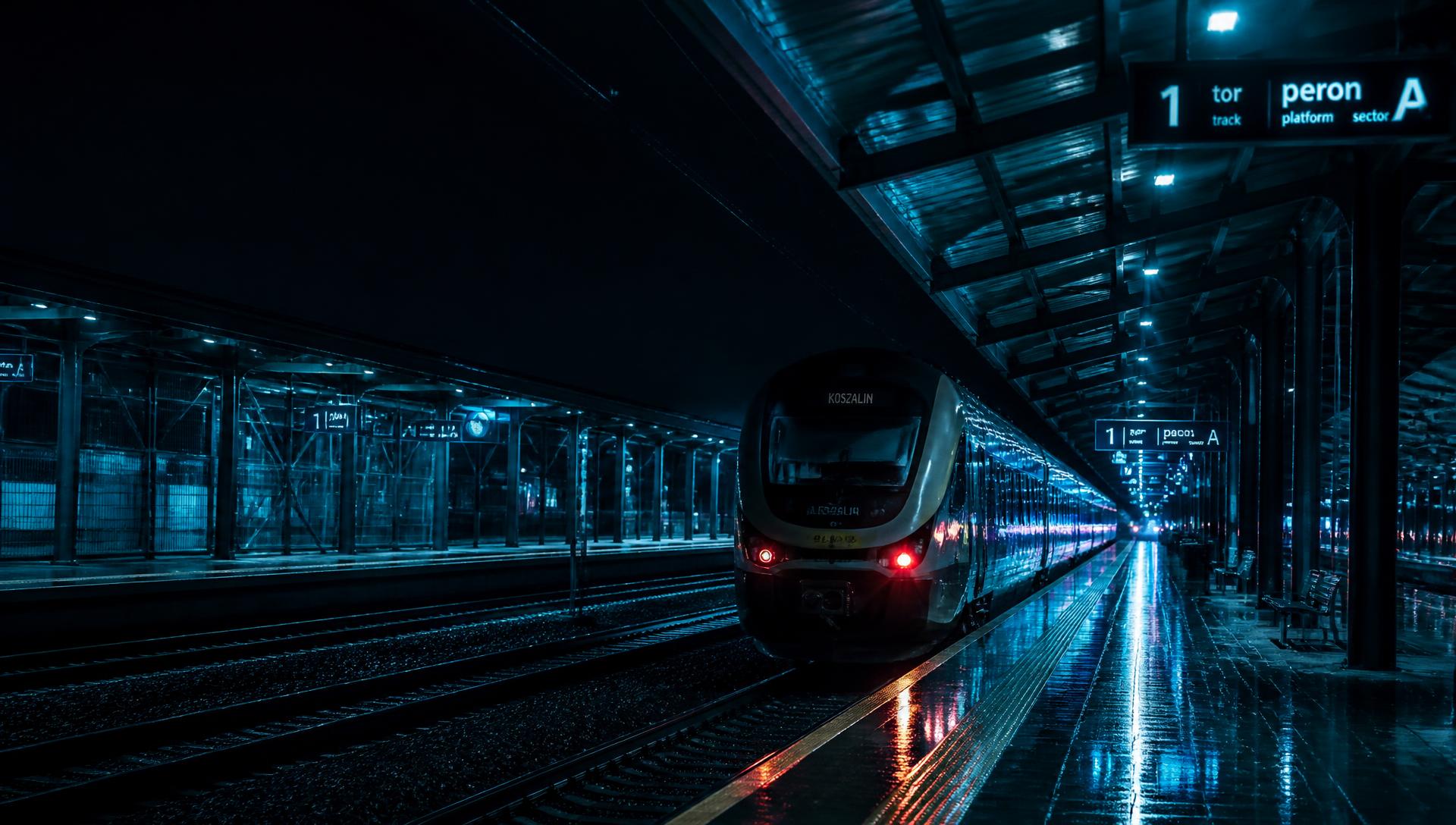 Modern railway station platform at night